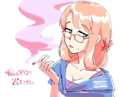 1girl blue_eyes blue_shirt breasts cigarette cleavage commentary_request glasses haruno_sora highres holding holding_cigarette long_hair medium_breasts mole mole_under_mouth pink_hair red-framed_eyewear shirt simple_background smoke smoking solo translation_request ukiwagirl upper_body vocaloid white_background