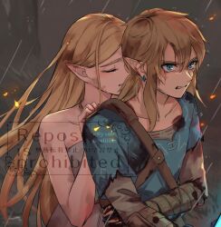 Rule 34 | 1boy, 1girl, bare shoulders, blood, blue eyes, brown shirt, champion&#039;s tunic (zelda), clenched teeth, dress, earrings, grey dress, jewelry, link, long hair, master sword, nintendo, pointy ears, ponytail, princess zelda, seri (yuukasakura), shirt, short sleeves, tears, teeth, the legend of zelda, the legend of zelda: breath of the wild, torn clothes, torn shirt, watermark