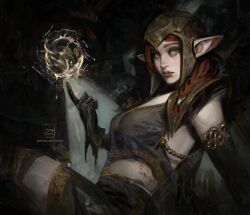 Rule 34 | 1girl, artist name, closed mouth, commentary, elbow gloves, elf, english commentary, gloves, helmet, index finger raised, long hair, magic, original, painterly, pointy ears, sebijy, solo, watermark, web address