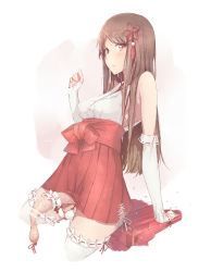 1futa ball_bra bar_censor breasts brown_eyes brown_hair censored chouhoukei detached_sleeves erection foreskin foreskin_balloon futanari hair_ornament highres japanese_clothes large_penis long_foreskin long_hair medium_breasts panties penis penis_ornament penis_ribbon phimosis ribbon shirt sitting skirt solo thighhighs tied_foreskin tied_penis underwear veins veiny_penis