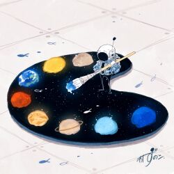 1other absurdres art_brush artist_name backpack bag blue_jacket commentary earth_(planet) fish flying_fish full_body gloves helmet highres holding holding_paintbrush indoors jacket jupiter_(planet) kazunoko_(kazunoko_zunoco) mars_(planet) mercury_(planet) mini_person neptune_(planet) original other_focus paint paint_palette paintbrush planet planetary_ring radio_antenna saturn_(planet) signature solar_system solo space space_helmet standing star_(sky) tile_floor tiles uranus_(planet) venus_(planet) white_gloves