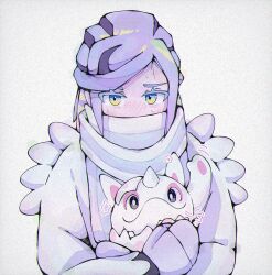 Rule 34 | 1boy, absurdres, androgynous, arm up, black eyes, blush, cetoddle, colored eyelashes, covered mouth, film grain, grusha (pokemon), highres, holding, holding pokemon, horns, jacket, koto-sensei, long sleeves, male focus, mittens, multicolored eyes, nintendo, pastel colors, pokemon, pokemon (creature), pokemon sv, puff of air, purple hair, scarf, single horn, solo, upper body