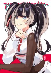 1girl artist_name black_hair blonde_hair blue_eyes blush character_name coll_(erichankun) dated dated_commentary eyeshadow green_eyeshadow green_nails hair_between_eyes hololive hololive_dev_is juufuutei_raden juufuutei_raden_(regloss_uniform) long_hair looking_at_viewer makeup multicolored_hair nail_polish sketch smile solo twintails upper_body virtual_youtuber white_background