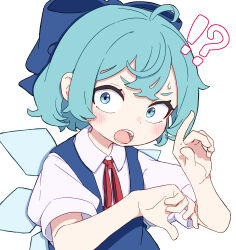 Rule 34 | !?, 1girl, absurdres, ahoge, blue bow, blue dress, blue eyes, blue hair, bow, cirno, collared shirt, commentary, double-parted bangs, dress, hair bow, hands up, highres, kame (kamepan44231), looking at viewer, neck ribbon, open mouth, pinafore dress, red ribbon, ribbon, shirt, short hair, short sleeves, simple background, sleeveless, sleeveless dress, solo, sweatdrop, touhou, white background, white shirt, wide-eyed