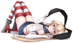 Rule 34 | 1girl, absurdres, animal ears, bad link, black panties, blue skirt, blush, breasts, brown eyes, brown hair, crop top, elbow gloves, fake animal ears, full body, gloves, hairband, high heels, highleg, highleg panties, highres, kantai collection, looking at viewer, lying, microskirt, midriff, navel, on back, panties, petite, pixiv banner, sailor collar, shimakaze (kancolle), simple background, skirt, sleeveless, sleeveless crop top, small breasts, solo, stomach, thighhighs, tiemu (man190), underwear, white background, white gloves, zettai ryouiki