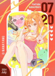 1girl absurdres breasts can character_request closed_mouth collarbone controller drink_can english_text fingernails game_controller heart highres hw_1008 indie_virtual_youtuber jewelry long_hair necklace orange_eyes orange_hair orange_nails pig ponytail smile soda_can solo v
