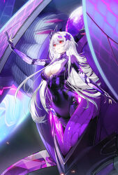 1girl absurdres blurry blurry_background bodysuit breasts calder center_opening chinese_commentary cleavage cleavage_cutout clothing_cutout commentary_request covered_navel crystal crystal_shards evil_smile floating_hair flower gem glowing glowing_wings hair_flower hair_intakes hair_ornament hand_up highres large_breasts long_hair looking_ahead machinery mecha nemesis_(tower_of_fantasy) nemesis_-_voidpiercer parted_lips purple_bodysuit purple_flower purple_gemstone red_eyes robot smile solo sparks tower_of_fantasy very_long_hair white_hair wings