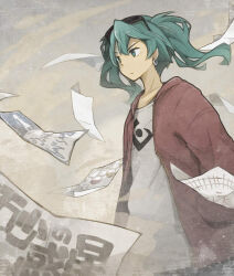 Rule 34 | 1girl, aqua eyes, aqua hair, closed mouth, commentary request, earrings, eyewear on head, flying paper, hand in pocket, hatsune miku, jacket, jewelry, lama (kusuriya), long sleeves, looking to the side, medium hair, official alternate hair length, official alternate hairstyle, open clothes, open jacket, outdoors, paper, red jacket, sandstorm, shirt, solo, suna no wakusei (vocaloid), sunglasses, t-shirt, twintails, upper body, vocaloid, white shirt