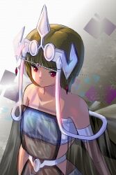 1girl animal_ears armband artist_name bandeau bare_shoulders belt breasts closed_mouth doctor_wim from_above green_hair headpiece highres long_hair miz_mus red_eyes see-through_clothes small_breasts solo standing twitter_username upper_body white_bandeau white_belt wingman