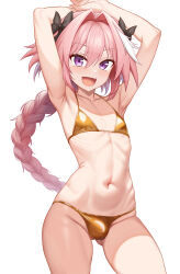 1boy :d absurdres armpits arms_behind_head astolfo_(fate) bikini black_bow bow braid bulge cowboy_shot crossdressing fang fate/grand_order fate_(series) gluteal_fold gold_bikini hair_between_eyes hair_intakes highres long_braid long_hair looking_at_viewer male_focus multicolored_hair navel open_mouth patyu3 pink_hair purple_eyes ribs simple_background single_braid skin_fang smile solo stomach streaked_hair string_bikini swimsuit trap very_long_hair white_background white_hair