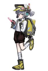 1girl absurdres backpack bag black_gloves black_ribbon blunt_bangs blunt_ends boots breasts brown_shorts cellphone cellphone_charm character_request charm_(object) collared_shirt copyright_request flip_phone gloves grey_eyes grey_hair grey_socks grin hard_hat helmet highres holding holding_phone holding_strap kneehighs long_sleeves neck_ribbon pedestrian_lights phone ponytail ribbon shirt shirt_tucked_in short_hair short_ponytail shorts small_breasts smile socks solo striped_clothes striped_socks thick_eyebrows visor_lift walking white_shirt yamori_no_o yellow_boots