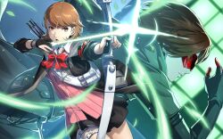 1boy 1girl archery archery_shooting_glove armband arrow_(projectile) black_coat black_gloves black_jacket black_skirt bow bow_(weapon) bowtie brown_eyes brown_hair cardigan choker coat collared_shirt cowboy_shot earrings flipped_hair gekkoukan_high_school_uniform gloves heart heart_choker holding holding_arrow holding_bow_(weapon) holding_weapon holster jacket jewelry loose_bowtie miniskirt non-web_source official_art open_clothes open_jacket open_mouth parted_lips partially_fingerless_gloves persona persona_3 persona_3_reload persona_5 persona_5:_the_phantom_x pink_cardigan pleated_skirt profile quiver red-tinted_eyewear red_armband red_bow red_bowtie ribbed_cardigan s.e.e.s school_uniform shirt short_hair single_glove skirt stud_earrings swept_bangs takeba_yukari thigh_holster tinted_eyewear upper_body weapon white_choker white_shirt wonder_(p5x)