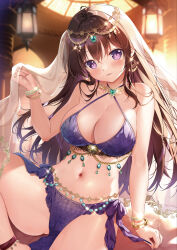 1girl ahoge anklet arm_support bikini bikini_top_only blurry blurry_background blush bracelet breasts brown_hair cameltoe ceiling_light criss-cross_halter crossed_bangs dancer earrings fingernails gem glint gradient_hair green_gemstone hair_between_eyes halterneck hand_up harem_outfit head_tilt headpiece heart-shaped_gem highres indoors jewelry knee_up lamp large_breasts looking_at_viewer melonbooks mikeou multicolored_hair navel neck_ring original parted_lips pelvic_curtain purple_bikini purple_eyes purple_hair pussy see-through_clothes sitting smile solo stomach swimsuit veil