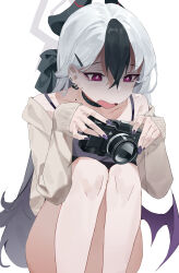 1girl absurdres bare_shoulders black_choker black_dress black_hair black_horns black_ribbon blue_archive bright_pupils brown_cardigan camera cardigan choker collarbone commentary demon_horns demon_wings dress ear_piercing fanshuimucishen fingernails grey_halo hair_behind_ear hair_between_eyes hair_ribbon halo highres holding holding_camera horns kayoko_(blue_archive) kayoko_(dress)_(blue_archive) knees_up long_hair long_sleeves low_wings mole mole_on_neck multicolored_hair off_shoulder official_alternate_costume open_cardigan open_clothes open_mouth piercing purple_eyes purple_nails purple_wings ribbon shaded_face simple_background single_wing sitting sleeveless sleeveless_dress sleeves_past_wrists solo spaghetti_strap streaked_hair striped_horns tsurime two-tone_hair very_long_hair white_background white_hair white_pupils wings