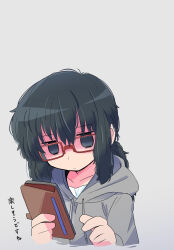 Rule 34 | 1girl, :&lt;, bags under eyes, black hair, cellphone, commentary, eyebrows hidden by hair, freckles, grey background, grey eyes, grey hoodie, hair between eyes, highres, holding, holding phone, hood, hoodie, jimiko, jitome, messy hair, mob face, original, phone, rascal (feuille), red-framed eyewear, shaded face, simple background, solo, translated
