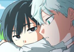 Rule 34 | 2boys, alien stage, black eyes, black hair, choker, commentary, green eyes, grey hair, highres, ivan (alien stage), looking at another, male focus, multiple boys, oekakizukiyaro, red pupils, short hair, till (alien stage), very short hair, white choker