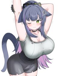 absurdres animal_ears arknights black_choker black_gloves black_hair black_shorts black_tail blush breasts bright_pupils choker cleavage closed_mouth colored_inner_hair commentary cowboy_shot gloves green_eyes grey_tank_top hair_ornament high-waist_shorts highres jessica_(arknights) jessica_the_liberated_(arknights) large_breasts multicolored_hair one_eye_closed pink_hair shorts simple_background sleeveless spam_(spamham4506) standing stretching tail tank_top white_background white_pupils