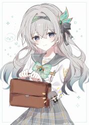 Rule 34 | 1boy, 1girl, bag, bow, bowtie, brown bag, caelus (honkai: star rail), closed mouth, collared shirt, crosshair, firefly (honkai: star rail), firefly (spring missive) (honkai: star rail), gradient eyes, gradient hair, green bow, green bowtie, green pupils, grey hairband, grey ribbon, grey sailor collar, hair between eyes, hair intakes, hair ornament, hair ribbon, hairband, handbag, highres, holding, holding bag, honkai: star rail, honkai (series), hsr shiro, long hair, multicolored eyes, multicolored hair, plaid bow, plaid bowtie, plaid clothes, ribbon, sailor collar, shirt, simple background, smile, sparkle, star (symbol), stuffed toy, trailblazer (honkai: star rail), twitter username, white background, white shirt