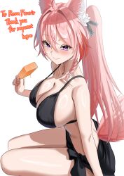 1girl animal_ears bare_shoulders bikini black_bikini bow braid breasts cleavage commission english_text enun fate/grand_order fate_(series) flower food fox_ears fox_girl fox_tail hair_bow hair_flower hair_ornament highres holding holding_food holding_popsicle koyanskaya_(fate) large_breasts pink_eyes pink_hair ponytail popsicle sarong simple_background skeb_commission swimsuit tail tamamo_(fate) white_background