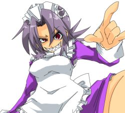 1girl apron artist_request back_bow bow breasts curtained_hair dress frilled_apron frills futaba_channel grin long_sleeves looking_at_viewer maid maid_apron maid_headdress medium_breasts nijiura_maids purple_dress purple_hair red_eyes ringed_eyes sharp_teeth short_hair simple_background smile solo teeth third-party_source uneven_eyes uzai white_apron white_background white_bow