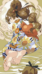 1girl absurdres barefoot blush brown_eyes brown_hair feet highres japanese_clothes kimono lion_tail long_hair looking_at_viewer looking_back re:act shishigami_leona smile soles tail toes ushiki_yoshitaka yukata