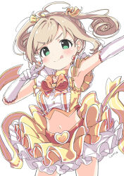 1girl :q ahoge blonde_hair bow bowtie breasts brooch choker closed_mouth cowboy_shot crop_top earrings elbow_gloves gloves green_eyes hair_bow hair_ornament heart heart_brooch heart_earrings heart_hair_ornament idolmaster idolmaster_cinderella_girls jewelry kuresuku_(lessons) midriff navel orange_bow orange_bowtie outstretched_arm sato_shin shirt sidelocks skirt smile solo swept_bangs tongue tongue_out twintails v white_background white_gloves yellow_bow yellow_choker yellow_shirt yellow_skirt
