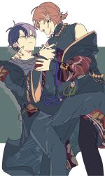 Rule 34 | 2boys, alternate costume, aoyagi touya, bare shoulders, black pants, blue hair, blue nails, dayud11, double-parted bangs, earrings, eye contact, fang, hair between eyes, hand on another&#039;s neck, hand on another&#039;s wrist, highres, jewelry, long sleeves, looking at another, male focus, multicolored hair, multiple boys, nail polish, necklace, open mouth, orange hair, orange nails, pants, piercing, pink eyes, ponytail, project sekai, shinonome akito, short ponytail, sleeveless, sleeves past wrists, split-color hair, yaoi