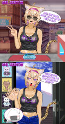 1girl 2koma absurdres ahoge alternate_color alternate_hair_color alternate_skin_color animal_ear_fluff animal_ears bandana black_tank_top blonde_hair blonde_pubic_hair buying_condoms cat_ears cat_girl clothes_writing comic condom_box convenience_store dark-skinned_female dark_skin door doorway eddarxart english_text eyebrow_cut eyebrow_piercing face_piercing fangs fanservice fellatio_gesture freckles_on_breasts gyaru handjob_gesture highres hololive hololive_gamers imminent_penetration inugami_korone kogal leopard_tail looking_at_viewer multicolored_hair navel navel_piercing nekomata_okayu ookami_mio open_fly panties_peek piercing pov pov_doorway pubic_hair pubic_hair_peek purple_eyes shirakami_fubuki shop shorts sunglasses tail talking tank_top tongue tongue_out tongue_piercing two-tone_hair virtual_youtuber