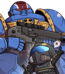 2boys adeptus_astartes ammunition_pouch armor bolter bug cape chibi gauntlets gloves gun helldiver_(helldivers) helldivers_(series) highres miyan_(oceanmaiden) multiple_boys pauldrons pointing pouch power_armor rifle shoulder_armor signature size_difference skull space_marine speech_bubble ultramarines warhammer_40k weapon