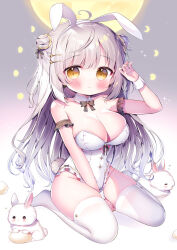 1girl :3 ahoge animal_ear_hairband animal_ears arm_cuffs between_legs blush breasts cleavage closed_mouth commentary_request detached_collar double_bun fake_animal_ears full_body grey_eyes grey_hair hair_bun hair_ornament hairband hairclip hand_between_legs hand_up highres large_breasts leotard long_hair moon_phases no_shoes oppai_loli original playboy_bunny rabbit rabbit_ears rabbit_tail sitting smile solo tail thighhighs thighs tsukimi_mumi white_hairband white_leotard white_rabbit_(animal) white_thighhighs wrist_cuffs yellow_eyes