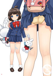 Rule 34 | 1girl, absurdres, ass, backpack, bag, bandaid, bandaid on leg, blue eyes, blue jacket, blue skirt, bow, commentary request, commission, highres, holding, jacket, mtu virus, multiple views, nao suke, original, panties, pleated skirt, school uniform, shirt, shoes, skeb commission, skirt, socks, stuffed animal, stuffed rabbit, stuffed toy, underwear, white background, yellow panties