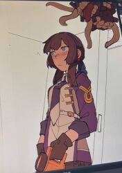 1girl abyssal_ship black_gloves black_hair blue_hairband blue_jacket blue_necktie blue_ribbon blunt_sidelocks enemy_naval_mine_(kancolle) flashlight freckles gloves green_eyes hairband jacket kantai_collection long_hair military_uniform mogador_(kancolle) necktie ribbon sadakuma teeth tentacles upper_body