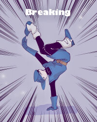 1980s_(style) 1boy absurdres arm_support belt black_bodysuit black_hair blue_eyes blue_gloves blue_hat blue_tunic bodysuit boots breakdance closed_mouth commentary_request dancing dragon_quest dragon_quest_ii emphasis_lines full_body gloves goggles goggles_on_headwear handstand hat highres male_focus nogo_(nogo_059) oldschool outstretched_arms prince_of_lorasia retro_artstyle short_hair solo tunic turtleneck upside-down white_boots