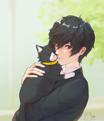 2boys amamiya_ren artist_name black_fur black_jacket cat closed_eyes commentary green_background grey_eyes highres hug jacket liw looking_at_viewer morgana_(cat)_(persona_5) morgana_(persona_5) multiple_boys one_eye_closed persona persona_5 petting shirt smile symbol-only_commentary white_shirt