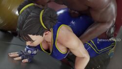 1boy 1girl 3d animated ass bare_shoulders black_hair blue_bodysuit bodysuit bracelet breasts buttjob buttjob_over_clothes capcom chun-li cleavage clothed_female_nude_male collarbone dark-skinned_male dark_skin fingerless_gloves gloves hetero interracial jewelry kishi3d large_breasts large_penis nude penis street_fighter street_fighter_zero_(series) tagme testicles uncensored video
