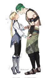 Rule 34 | &gt; &lt;, blush, corrupted twitter file, determined, expressionless, flustered, highres, holding hands, imminent kiss, norn greyrat, ruijerd superdia, tiptoes, tokita (mag0)