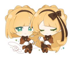 Rule 34 | 1boy, 1girl, :&lt;, blonde hair, bow, bowtie, braid, brown bow, brown bowtie, brown capelet, brown hairband, brown pantyhose, brown ribbon, brown shoes, brown skirt, capelet, closed eyes, crown braid, full body, green eyes, hairband, highres, ifudyci, lobotomy corporation, long hair, long sleeves, looking at viewer, pantyhose, project moon, ribbon, shirt, shoes, simple background, sitting, skirt, tiphereth a (project moon), tiphereth b (project moon), white background, white shirt