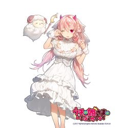 1girl animal blush horns long_hair looking_at_viewer one_eye_closed parted_lips pink_eyes pink_hair sheep simple_background smile sukja uchi_no_hime-sama_ga_ichiban_kawaii wand