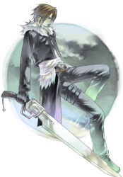 1boy belt black_belt black_footwear black_gloves black_jacket black_pants blue_eyes brown_belt brown_hair cloud cloudy_sky commentary_request cropped_jacket dated_commentary dissidia_final_fantasy expressionless final_fantasy final_fantasy_viii floating from_side full_body fur-trimmed_jacket fur_trim gloves green_sky gunblade hinokami holding holding_weapon jacket knee_up long_sleeves looking_down male_focus multiple_belts open_clothes open_jacket pants scar scar_on_face shirt short_hair sky solo squall_leonhart studded_belt thigh_strap waist_cape weapon white_fur white_shirt