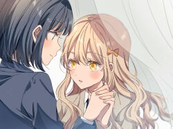 2girls black_hair blonde_hair blush bob_cut green_eyes highres holding_hands interlocked_fingers long_hair looking_at_another multiple_girls original profile rococomm123 wavy_hair yellow_eyes yuri
