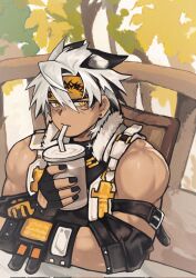 1boy arknights bara biceps black_gloves black_shirt blood_w cador_(arknights) cup drinking drinking_straw drinking_straw_in_mouth fingerless_gloves gloves headband highres holding holding_cup looking_at_viewer male_focus multicolored_hair muscular muscular_male shirt sitting sleeveless sleeveless_shirt upper_body vest white_vest yellow_headband