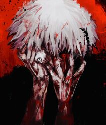 Rule 34 | 1boy, black sclera, black shirt, bleeding, blood, blood in hair, blood on face, blood on hands, bloody tears, centipede print, colored sclera, grey eyes, hand on own arm, hands on own face, heterochromia, highres, injury, kaneki ken, male focus, mismatched sclera, red background, red eyes, shirt, short hair, solo, tokyo ghoul, white hair, xa8uofivf2mcart