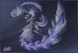 1girl absurdres arkveld artist_name bare_shoulders black_background black_horns breasts clawed_hands claws dark-skinned_female dark_skin dragon dragon_girl full_body furry furry_female groin highres horns huge_breasts monster_girl monster_hunter_(series) monster_hunter_wilds muhut personification scales simple_background solo tail white_fur