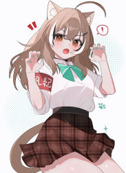 ! 1girl absurdres ahoge animal_ear_fluff animal_ears belt black_belt black_choker black_hair bow bowtie brown_eyes brown_hair brown_skirt cat_ears cat_tail choker claw_pose collared_shirt crossed_bangs eyelashes fang green_bow green_bowtie green_nails hair_between_eyes hair_ornament hairpin hana20000920 hands_up highres hololive hololive_english long_hair looking_at_viewer multicolored_hair nail_polish nanashi_mumei notice_lines open_mouth paw_print plaid_clothes plaid_skirt shirt shirt_tucked_in short_sleeves skin_fang skirt solo spoken_exclamation_mark streaked_hair tail virtual_youtuber white_background white_hair white_shirt