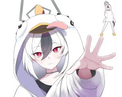 1girl alternate_costume artist_name bare_legs black_hair blue_archive bright_pupils choker colored_bangs cosplay double-parted_bangs expressionless grey_halo hair_between_eyes halo hand_in_pocket hand_up highres hood hood_up hoodie index_finger_raised kayoko_(blue_archive) legs_apart lenslans long_sleeves multicolored_hair multiple_views parted_lips paw_shoes peroro_(blue_archive) peroro_(blue_archive)_(cosplay) pocket red_eyes shoes simple_background spread_fingers standing tears tongue tongue_out twitter_username two-tone_hair watermark white_background white_hair white_hoodie white_pupils yellow_shoes