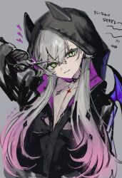 1girl black_hands black_jacket body_markings breasts choker colored_extremities crossed_bangs demon_girl demon_horns demon_wings ear_piercing fate/grand_order fate_(series) green_eyes grey_hair hai_bokusha hair_between_eyes highres hood horns jacket lilith_(fate) lilith_(first_ascension)_(fate) long_hair long_sleeves looking_at_viewer low_twintails piercing small_breasts smile solo translation_request twintails wings