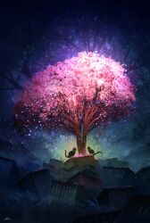 Rule 34 | absurdres, animal, black cat, cat, cherry blossoms, commentary request, falling petals, fantasy, grass, highres, kurasuta, light particles, no humans, original, petals, scenery, signature, tree