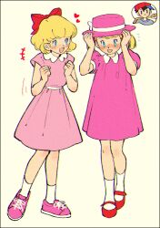 Rule 34 | +++, 2girls, ana (mother), baseball bat, black border, blonde hair, blue eyes, blush, border, bow, clenched hands, dress, flying sweatdrops, full body, hair bow, hands on headwear, hat, heart, highres, kwsby 124, mother (series), mother 1, mother 2, multiple girls, ninten, nintendo, nose blush, open mouth, paula (mother 2), pink dress, pink hat, pink shoes, red bow, red footwear, red hat, shirt, shoes, short sleeves, short twintails, simple background, socks, standing, striped clothes, striped shirt, sweat, twintails, white socks, yellow background