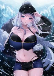 1girl absurdres black_hat black_shorts black_sleeves blue_eyes blue_shorts breasts cleavage collarbone commission cross-laced_clothes cross-laced_sleeves deogho_(liujinzy9854) detached_sleeves hand_on_own_chest hat highres large_breasts long_hair multicolored_shorts navel original panty_straps ponytail raccoon_tail short_shorts shorts snowing solo tail