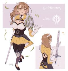 Rule 34 | 1girl, black corset, braid, braided ponytail, breasts, brown hair, character name, cleavage, corset, fire emblem, fire emblem engage, gloves, goldmary (fire emblem), hair ribbon, holding, holding sword, holding weapon, hooded top, large breasts, long hair, looking at viewer, low ponytail, multiple views, nintendo, ponytail, ribbon, single shoulder pad, skirt, smile, sword, symoca, weapon, white gloves, white ribbon, yellow eyes, yellow skirt